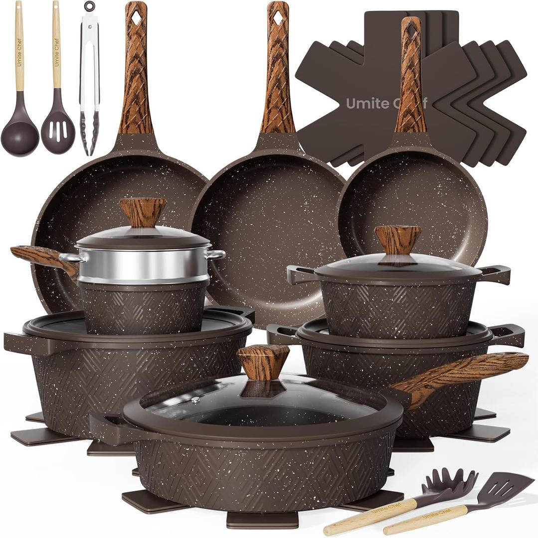 Umite Chef 26PCS Pots and Pans Set Non Stick, Nonstick Cookware Sets, Induction Cook Ware, Includes Steamer & Silicone Utensils, Housewarming Gift, Kitchen Cooking Sets w/Frying pan (PFOS, PFOA Free)