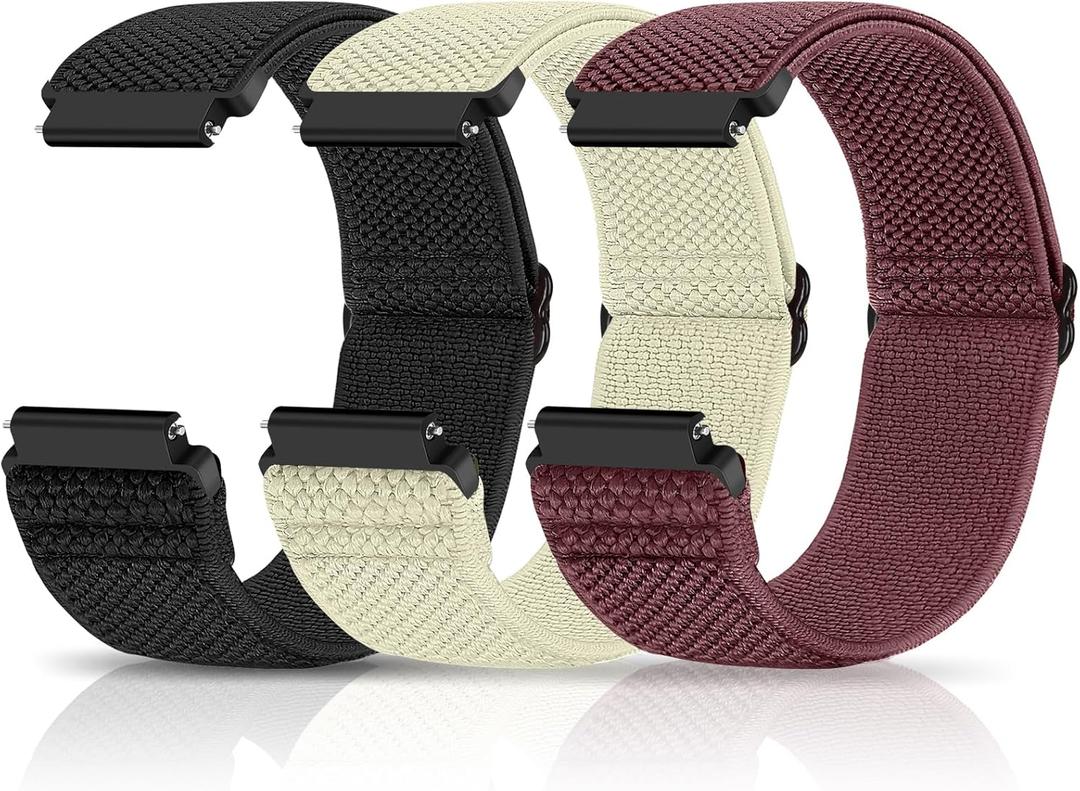 Compatible with 16mm 18mm 19mm 20mm 22mm 24mm Watch Bands Quick Release Replacement Wristband, Adjustable Stretchy Nylon Solo Loop Straps Fabric Braided Sport Elastic Bands for Men Women (Black+Beige+Red)