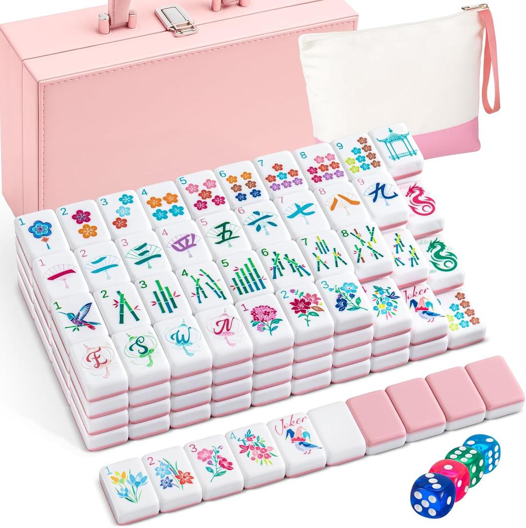 Soulchen 1.2 Inch Acrylic Pink American Mahjong Set 168 Blossom Numbered Tiles, Tiles Bag and Portable Travel Case Classic Complete Mahjong Set for Adult Collection Gift