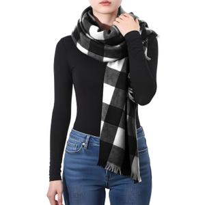 Geyoga Women's Fashion Long Shawl 55 x 55 Inch Big Grid Winter Warm Lattice Large Scarf Plaid Blanket Winter Oversized Shawl (Black and White)