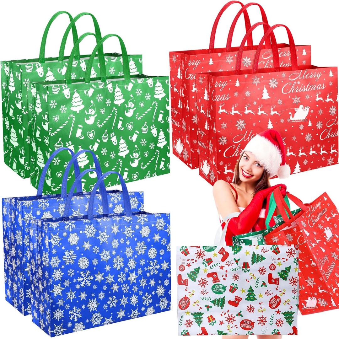 Wesnoy 36 Pcs Extra Large Christmas Gift Tote Bags with Handles 19.69 x 7.09 x 14.96 Inches Giant Reusable Non Woven Jumbo Shopping Tote Bags Xmas Treat Wrapping Party Supplies(Deer)