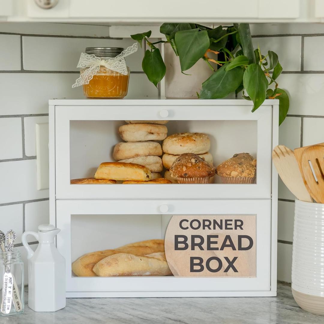 Corner Bread Box for Kitchen Countertop - New 2025 Airtight Design - Extra Large, Double Layer White Breadbox, Vintage Storage for Homemade Bread, Under Cabinet Organizer