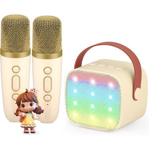 Mini Karaoke Machine for Kids, Kids Music Player Toys for Girls and Boys, Portable Bluetooth Speaker with 2 Wireless Microphone for Kids Toddler Home Party Birthday Gifts for Girl(Yellow) (Beige)