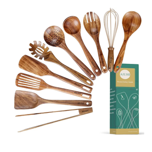 10 Pack Wooden Utensils for Cooking, Wood Utensil Set for Kitchen, Teak Wooden Spoon for Cooking, Non-Stick Spatula Ladle