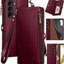 XcaseBar for Samsung Galaxy S22 Wallet case with Zipper Credit Card Holder【RFID Blocking】, Flip Folio Book PU Leather Phone case Shockproof Cover Women Men for Samsung S22 case Wine Red