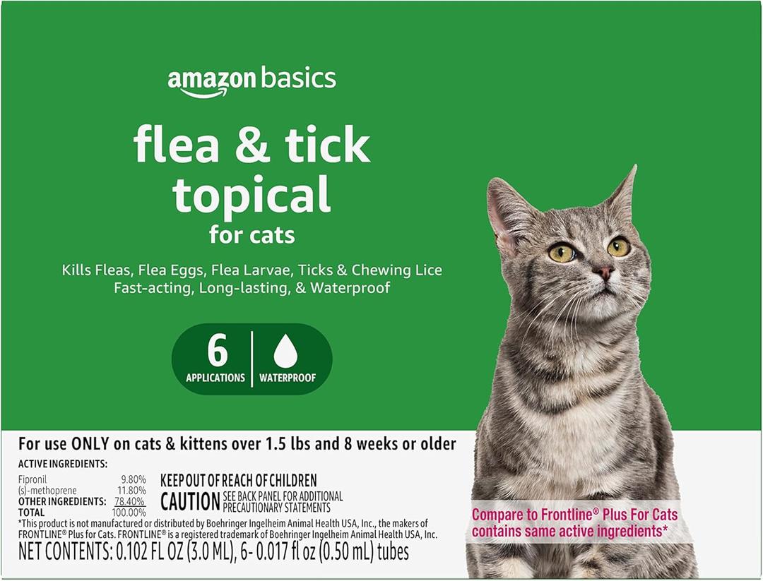 Amazon Basics Flea and Tick Topical Treatment for Cats (Over 1.5 Pounds), 6 Count (Previously Solimo)