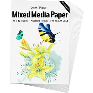 Mixed Media Paper 60 Sheets, 9 X 12 Inches 140 LB/300 GSM Heavyweight Cotton Paper Smooth/Medium Rough Texture Art Paper for Watercolor, Gouache, Marker, Painting, Drawing, Sketching