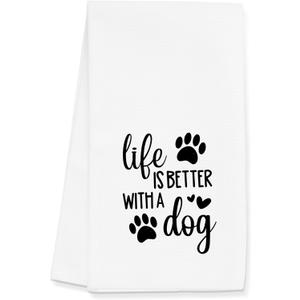 Dog Lover Towels Gifts for Women, Funny Life is Better with a Dog Towels for Kitchen Bathroom Decor (16x24 inches)