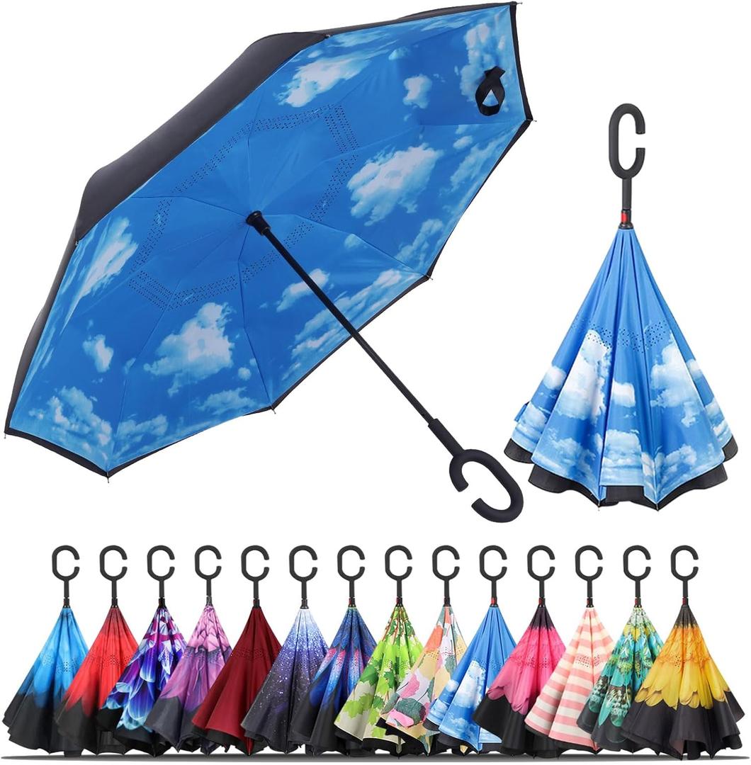 LLanxiry Umbrella,Inverted Reverse Upside Down Umbrellas with C-Shaped Handle, Anti-UV Waterproof Rain Umbrella for Women and Men (high clouds)