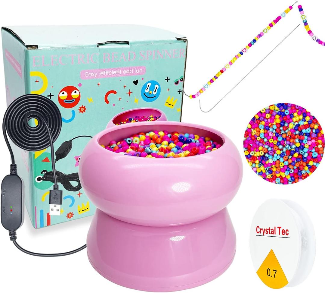 Xmada Electric Bead Spinner - Bead Spinner with 2PC Beading Needles and Seed Beads, Waist Beads Kit, Bead Spinner for Jewelry Making, Electric | Speed Adjustment Beading Tools (Pink)