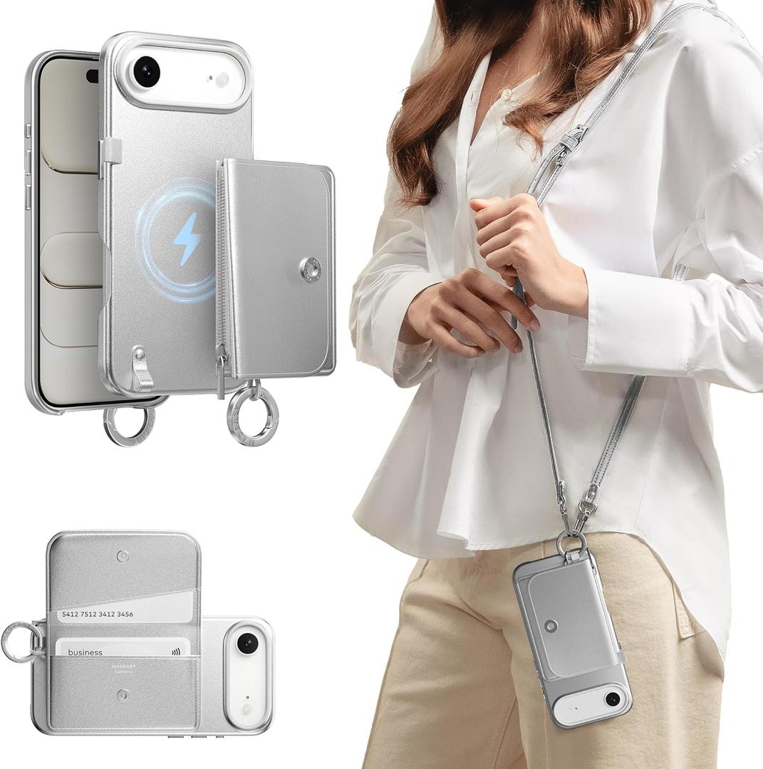 MAGEASY Designed for iPhone Air 6.5" Wallet Case with Crossbody Strap - Compatible with MagSafe Detachable Coin Purse & Card Slot, Leather Crossbody Lanyard, 16ft Drop Protection | Pouch M (Silver)