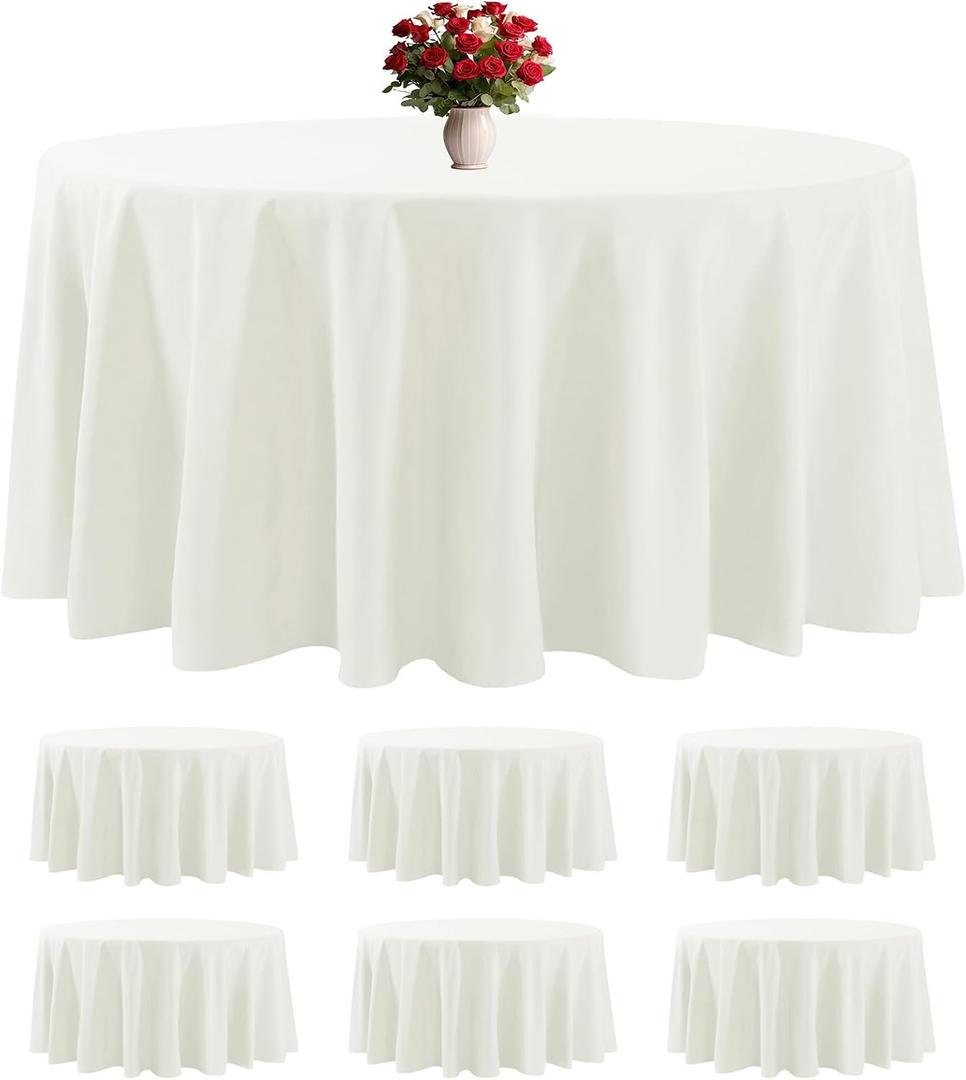 6 Pack Ivory Round Tablecloths 132 Inches Table Cloth Stain and Wrinkle Resistant Washable Polyester Table Cover Fabric for Party, Wedding,Dining,and Banquet Decoration