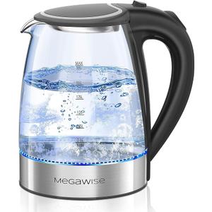 Megawise Electric Glass Kettle with Auto Shut-Off, 1.8L Capacity, 1000W Fast Boil, BPA-Free, Stainless Steel Inner Lid & Base, Blue LED Indicator, Easy Clean, Cord Storage