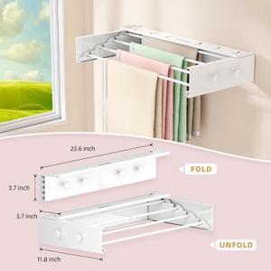 Wall Mounted Drying Rack Upgrade, Laundry Clothes Drying Rack Foldable, Collapsible Drying Rack Clothing Wall Mount, with Hooks and Wall Template for Indoor Outdoor Hanging Clothes, 60lbs, 23.6 Inch (White) 1 Pack