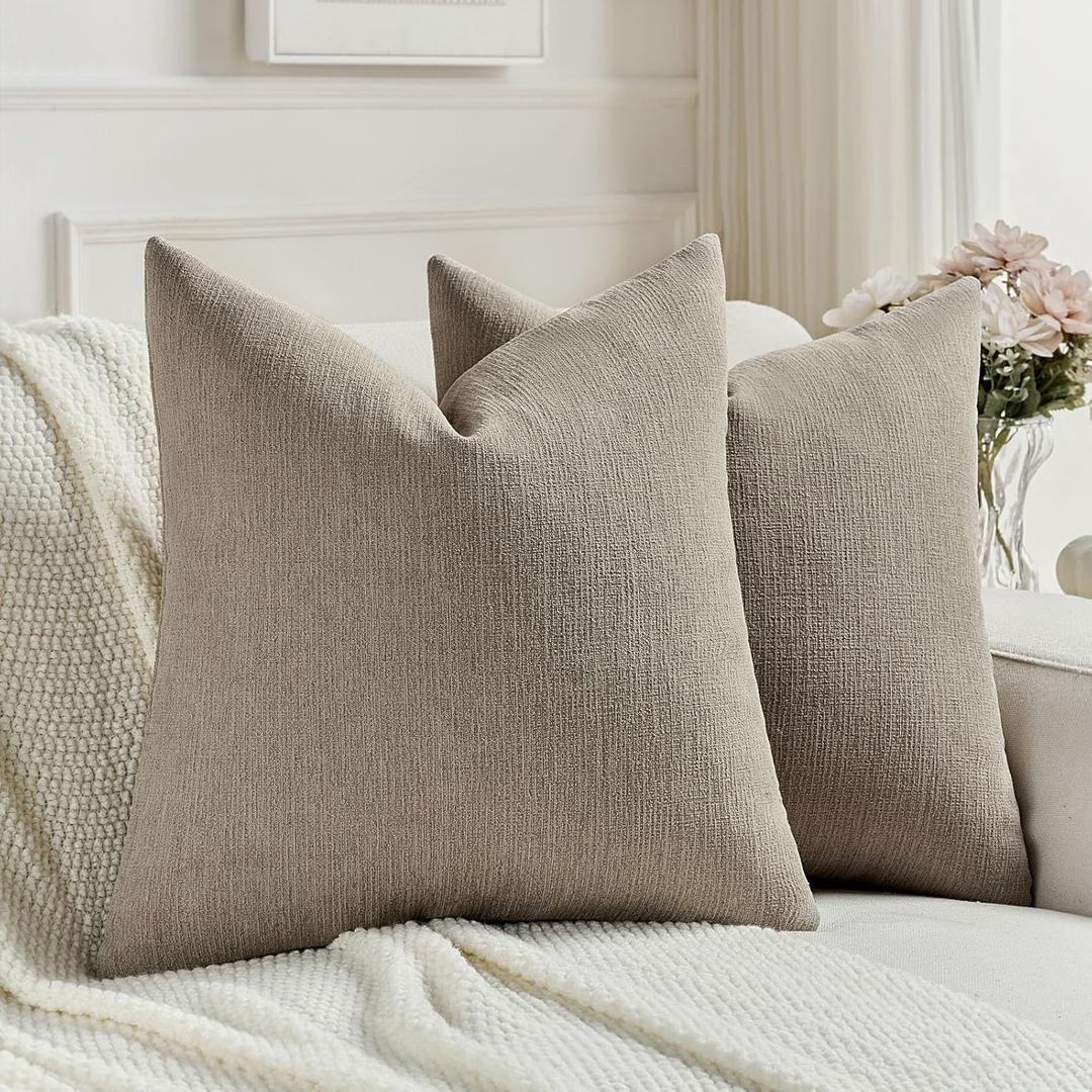FUTEI Pack of 2 Chenille Decorative Throw Pillow Covers 18x18 Inch,Soft Cozy Faux Linen Textured Cushion Case,Farmhouse Home Decor for Couch Living Room,Coffee