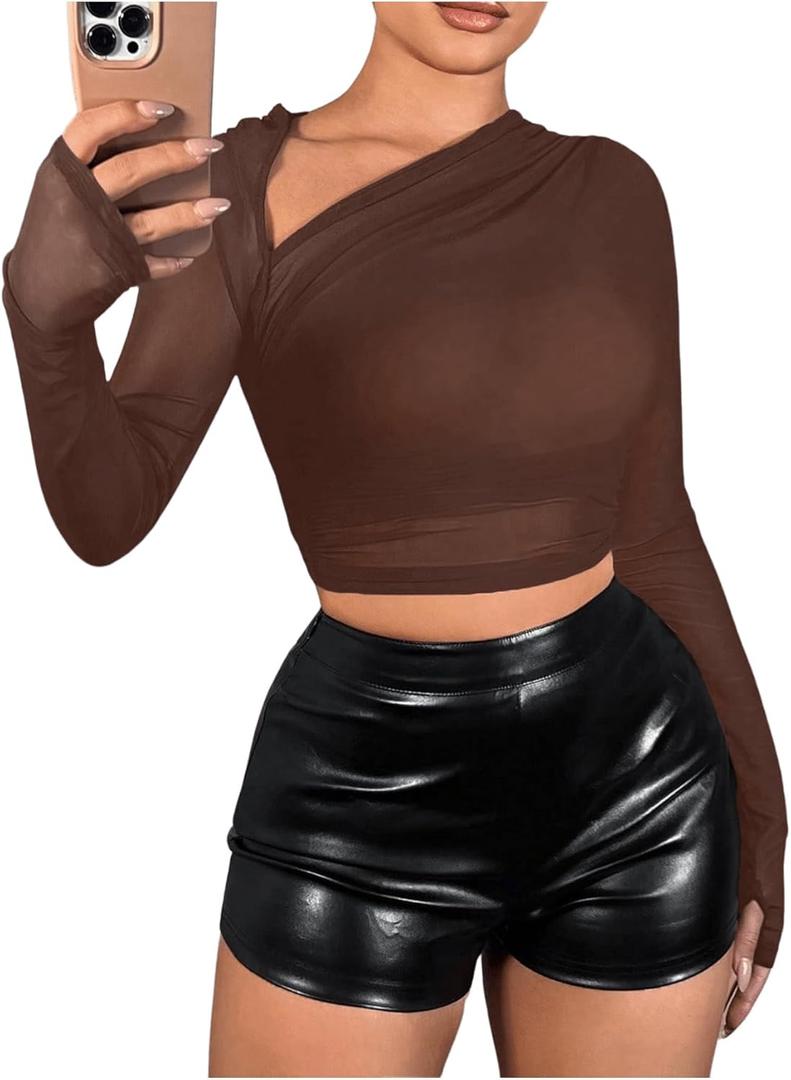 Verdusa Women's Y2k Mesh Long Sleeve Crop Tops Asymmetrical Neck Ruched Fitted T Shirts Chocolate Brown, Small