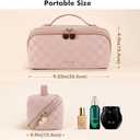 Prite Makeup Bag for Women Travel Waterproof Vegan Leather Cosmetic Bag Open Flat Toiletry Bag With Clear Divider and Handle (Plaid Pink, Medium)