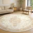 Beige Round Rug 6ft,Large Circle Area Rugs for Living Room Bedroom Dining Room,Washable Boho Vintage Bohemian Distressed Oriental Floral Carpet Non Slip,Retro Gold Floral