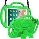 LTROP Kids Case for iPad 5th/6th Generation (2017/2018) & Air 2, Shoulder Strap Handle Stand Shockproof Bumper Cute Kid Case for iPad 9.7 Inch, Green
