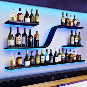 78IN Modern Wall Mounted Wine Rack with Blue LED Light | 3-tiers Metal Curved Bar liquor Bottles Display Shelf,Large Floating Bar Shelves Storage for Home bars, kitchens(Black, 78in)