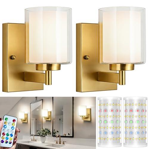 andachetg Battery Operated Wall Sconce Set of 2, 10000mAh Wireless Rechargeable Wall Sconce with Remote Control, RGB Dimmable Bathroom Light Fixtures with Double Clear Glass Shade for Mirror Bedroom
