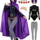 Adult Halloween Costumes Women Purple Hooded Cape with Wig Bodysuit Belt Gemstone Anime Cosplay Party Outfit (Large)
