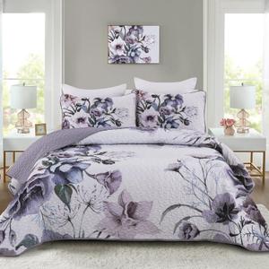 3 Pieces Floral Quilt Set Full Purple Flower Pattern Quilt Coverlet Set Soft Microfiber Lightweight Boho Purple Floral Quilted Bedspread for All Season 80"x90"