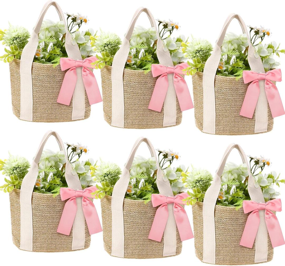 6 Pcs Burlap Tote Bags, Woven Straw Beach Bags for Bridesmaid Gifts, Bachelorette Favors, Wedding, Beach Party(White)(White, Pink)