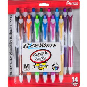 Pentel GlideWrite Ballpoint Pen, (1.0mm) Medium Line, Assorted Ink, Pack of 14 (BX910BP14M1)