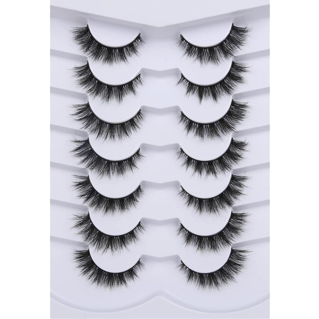 Pooplunch False Eyelashes Cat Eye Lashes Natural Clusters Short 8D Volume Wispy Faux Mink Lashes Fake Eyelash Strips 7 Pairs Pack