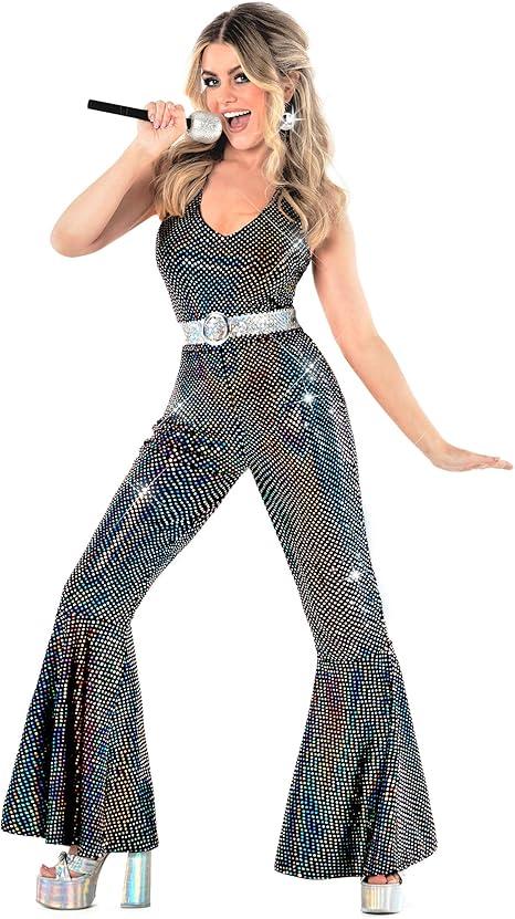 Womens Disco Queen Costume 70s Dancing Diva Go Go Girl Jumpsuit Halloween S