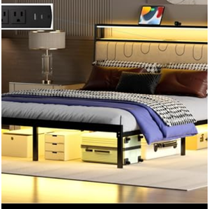 Full Size Bed Frame with Led Lights, Metal Platform Frame Upholstered Headboard, Charging Station, Storage Shelves, Heavy Duty Metal Slats, No Box Spring Needed, Noise Free, Easy Assembly, Black