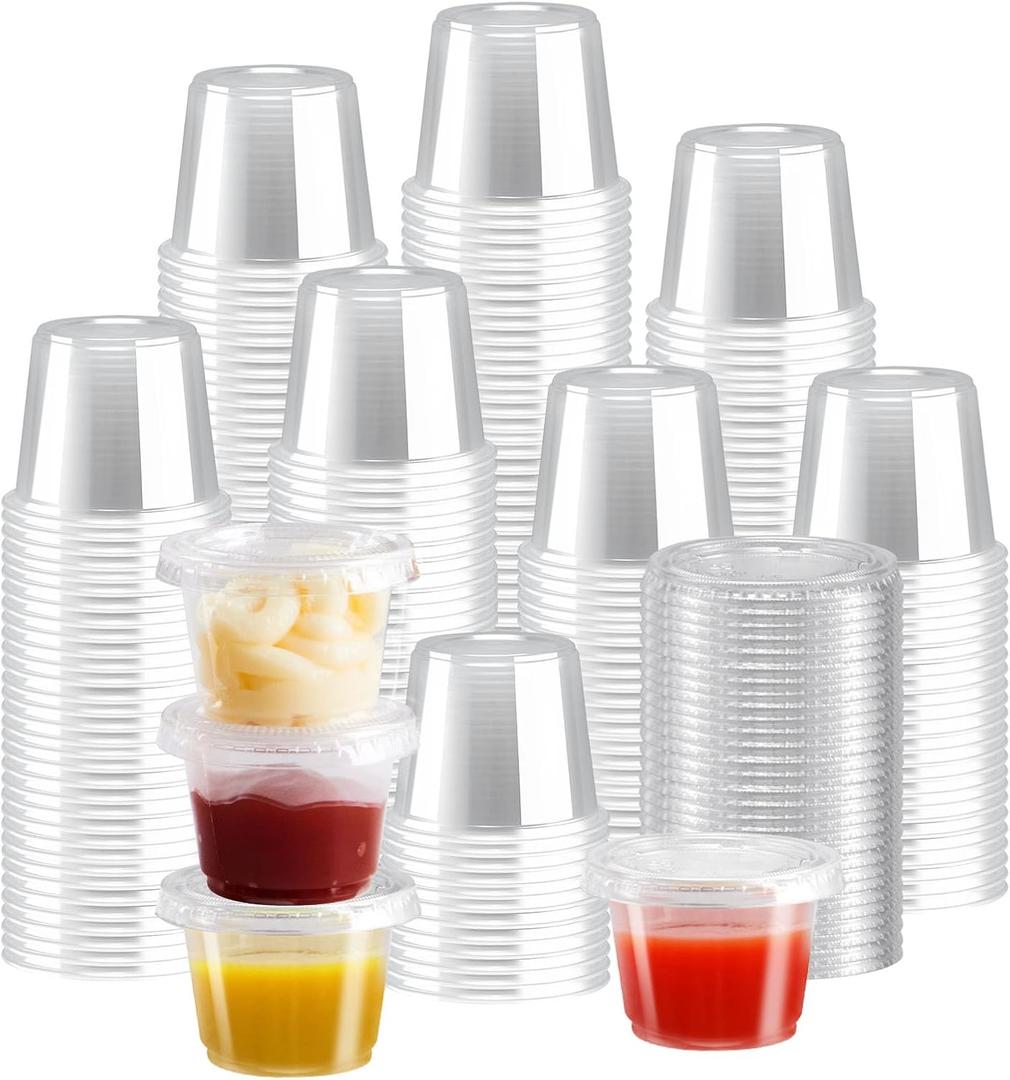 500 sets 1 oz Jello Shot Cups, Sturdy Disposable Plastic Portion Cups with Lids, Souffle Cups, Clear Plastic Containers with Lids for Salad Dressing,Condiment and Dipping Sauce