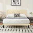 Full Size Platform Bed Frame with Velvet Headboard, Wing Edge, Sturdy Wooden Slats, Noise-Free, No Box Spring Needed, Easy Assembly, Beige