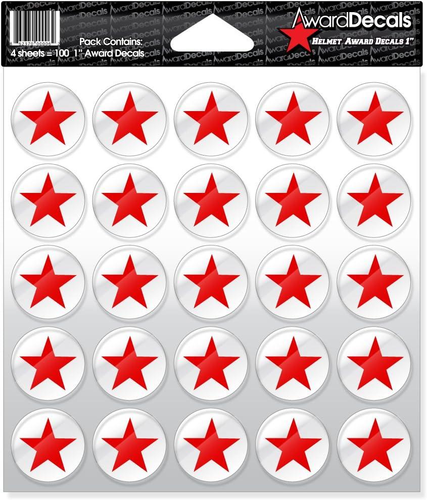Award Decals Star (Red on Clear) Sticker Set (100 Decals) 1" The Original Award Decals Premium 20mil Thick Helmet Decals Made in The USA Since 1976