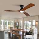 52 inch Flush Mount Ceiling Fans with Lights,Remote Control,Wall Switch,Solid Wood Blades,Dimmable,Reversible,Noiseless,Power Off Memory Low Profile Ceiling Fan for Bedroom Patio Indoor/Outdoor