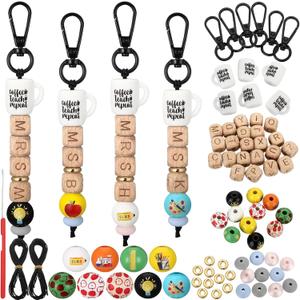 Ferreve 177 Pcs / 10 Sets Initial A to Z Teacher DIY Personalized Keychain Gift Beadable Key Chain Making Kit DIY Beaded Keychain Bar Personalized Crafts End of The Year Gift for Teachers