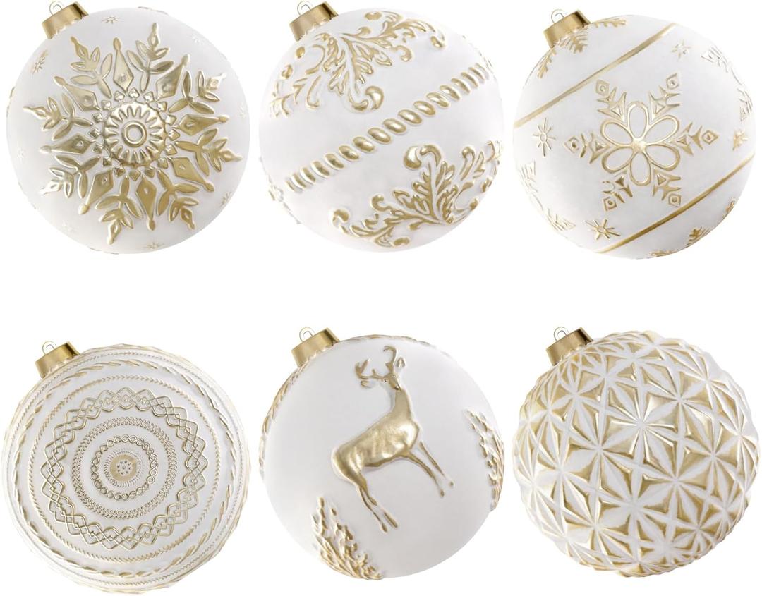 Lanpn 6 Pcs 6" Large Christmas Balls Ornaments, Outdoor Xmas Tree Hanging Decorations, Shatterproof Christmas Ball Ornament Set for Winter Holiday Home, Assorted Relief Pattern, White & Gold