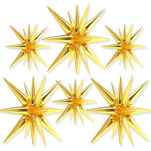 PartyWoo Metallic Gold Star Foil Balloons 6pcs Different Sizes Pack of 27 22 Inch Explosion Spike Mylar Balloons for Graduation Wedding Anniversary Bachelorette Engagement Birthday Party Decorations