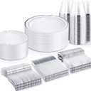 WELLIFE 300 PCS Silver Dinnerware Set for 50 Guests, Silver Plastic Disposable Plates for Party, 50 Dinner Plates, 50 Salad Plates, 50 Cups Forks Knives Spoons for Wedding and Party Supplies
