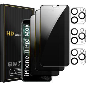 3 Pack Privacy Screen Protector for iPhone 11 Pro Max 6.5 Inch with 3 Pack Camera Lens Protector, Anti Spy Tempered Glass Film, Anti-Scratch, Touch Sensitive, Case Friendly
