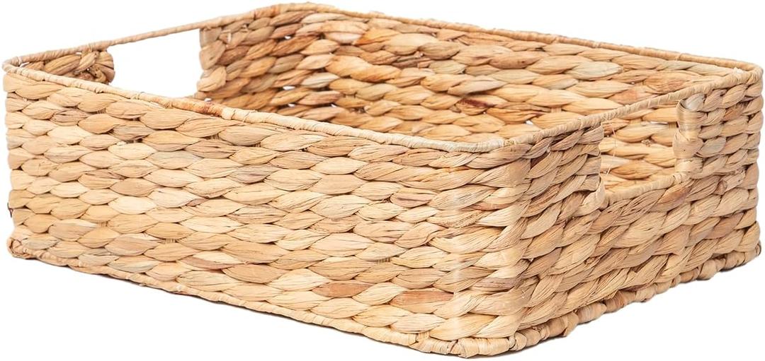 YAHUAN Water Hyacinth Storage Baskets for Organizing Drawer Basket With Handle Square Shallow Basket Wicker Baskets for Shelf (Original)