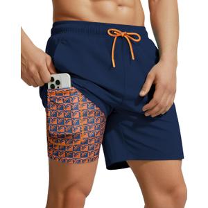 7 Inch Men Swim Trunks with Compression Liner Quick Dry Drawstring Male Swimtrunks for Beach Summer Water Park