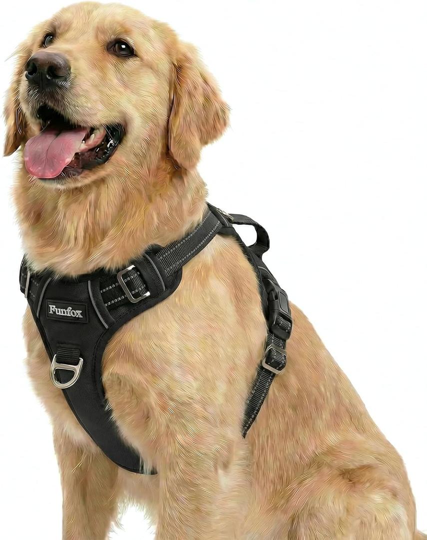 Funfox Dog Harness for Large Dog No Pull, Adjustable Pet Vest Harness, Vertical Handle Easy Control with 2 Leash Clips, Reflective Safe Night Walking for  Black, Large