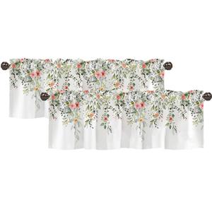 Natural Valances for Windows 2 Pack, Floral Kitchen Curtains for Window Over Sink Thermal Insulated Rod Pocket Short Curtains for Small Window Basement Bathroom and RV Privacy Protection,54" W x 18" L