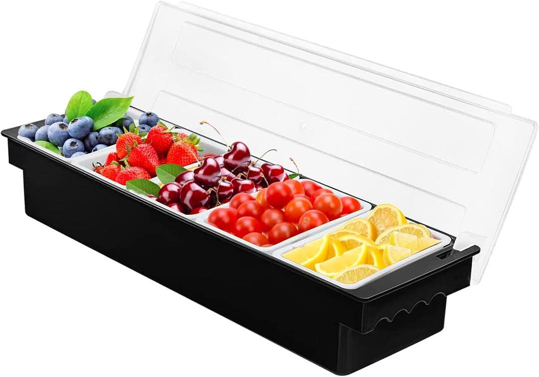 5 Compartment Plastic Dispenser Fruit Veggie Condiment Caddy with LidIce Cooled Condiment Serving Container Chilled Garnish Tray Bar Caddy for Home Work or Restaurant (Black)