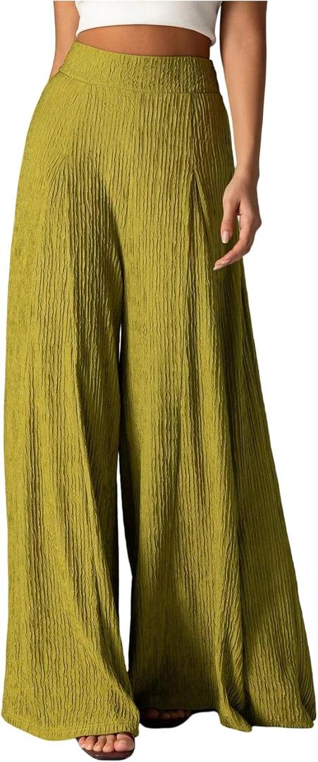 GORGLITTER Women's Flowy Wide Leg Pants Boho Loose Elastic High Waisted Textured Palazzo Trousers Vacation Casual, S