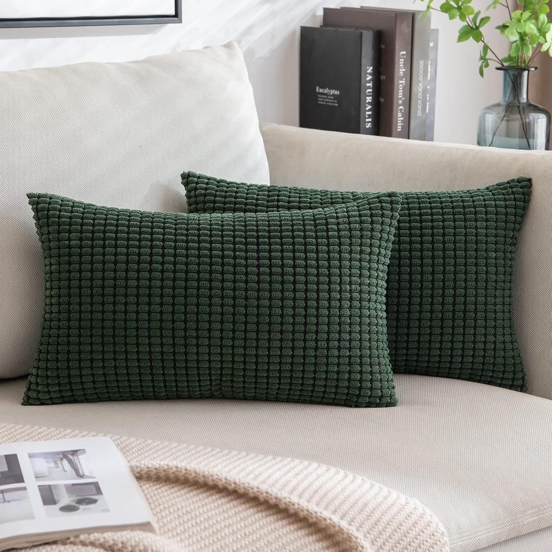 MIULEE Pack of 2 Lumbar Pillow Covers 12 x 20 Granules Soft Corduroy Decorative Throw Pillow Covers for Couch Cushion Sofa Bedroom Living Room, Dark Green (20" x 12" (Pack of 2))