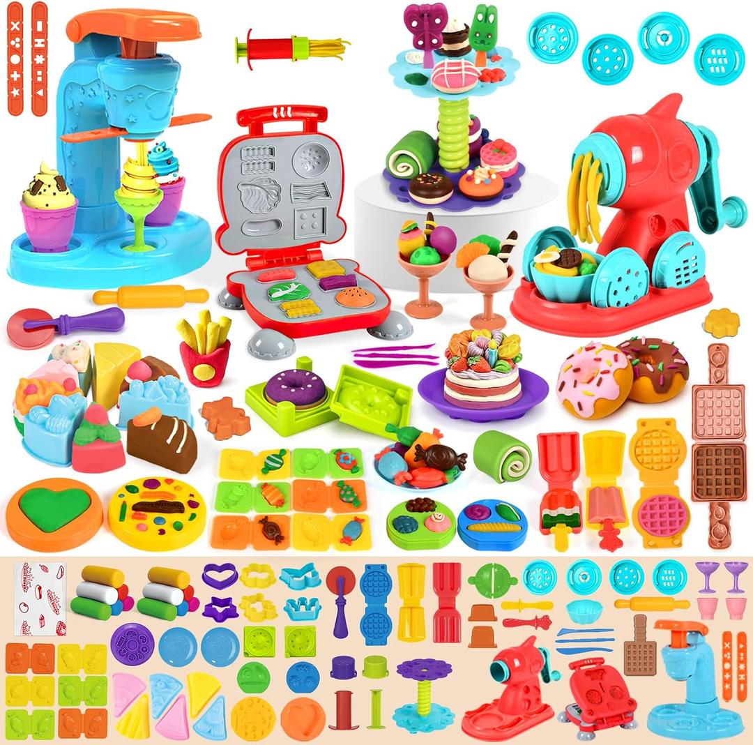 Aprilwolf 75 PCS 4 in 1 Dough Sets for Kids Ages 3-4-8, Art Crafts Dough Tools Kit, Ice Cream Playset Noodle Hamburger Maker Machine Dessert Rack, Kitchen Creations Food Play Toys Toddlers Boys Girls