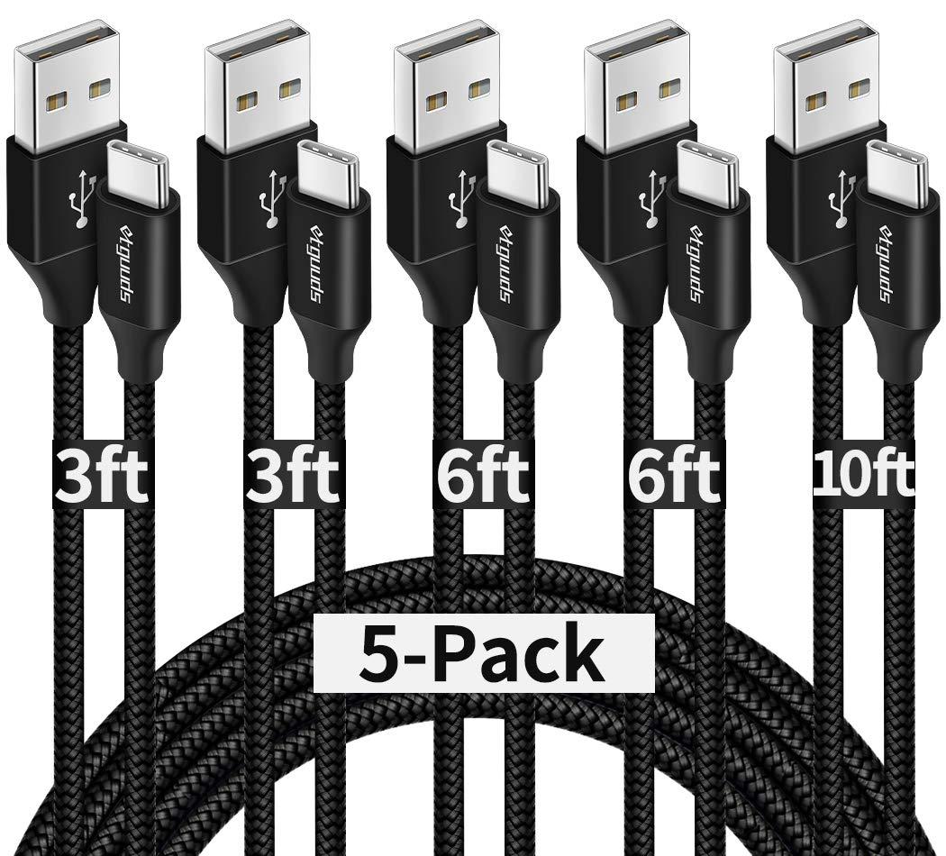 etguuds USB A to USB C Cable 5-Pack (3/3/6/6/10 ft), Fast Charging Type C Charger Cord for iPhone 17 16 15 Pro Max Plus Air, Samsung Galaxy S25 S24 S23 S22 S21 S20 A56 A17 A16, Pixel, Moto G, Black